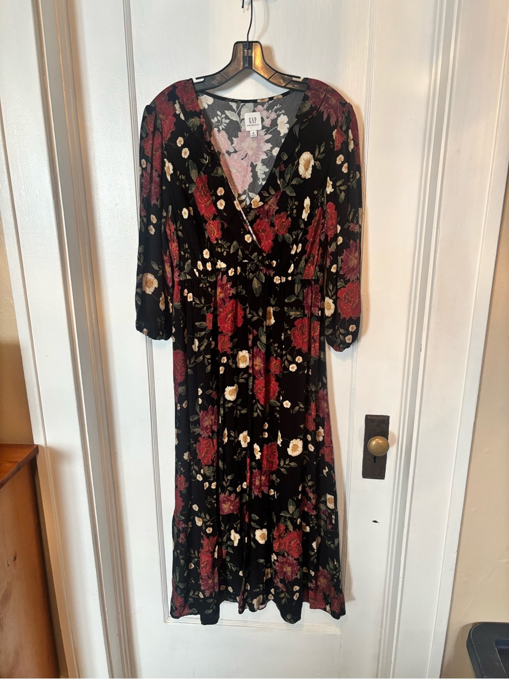 GAP Maternity Black Wrap Midi Dress with Red & Cream Floral Print